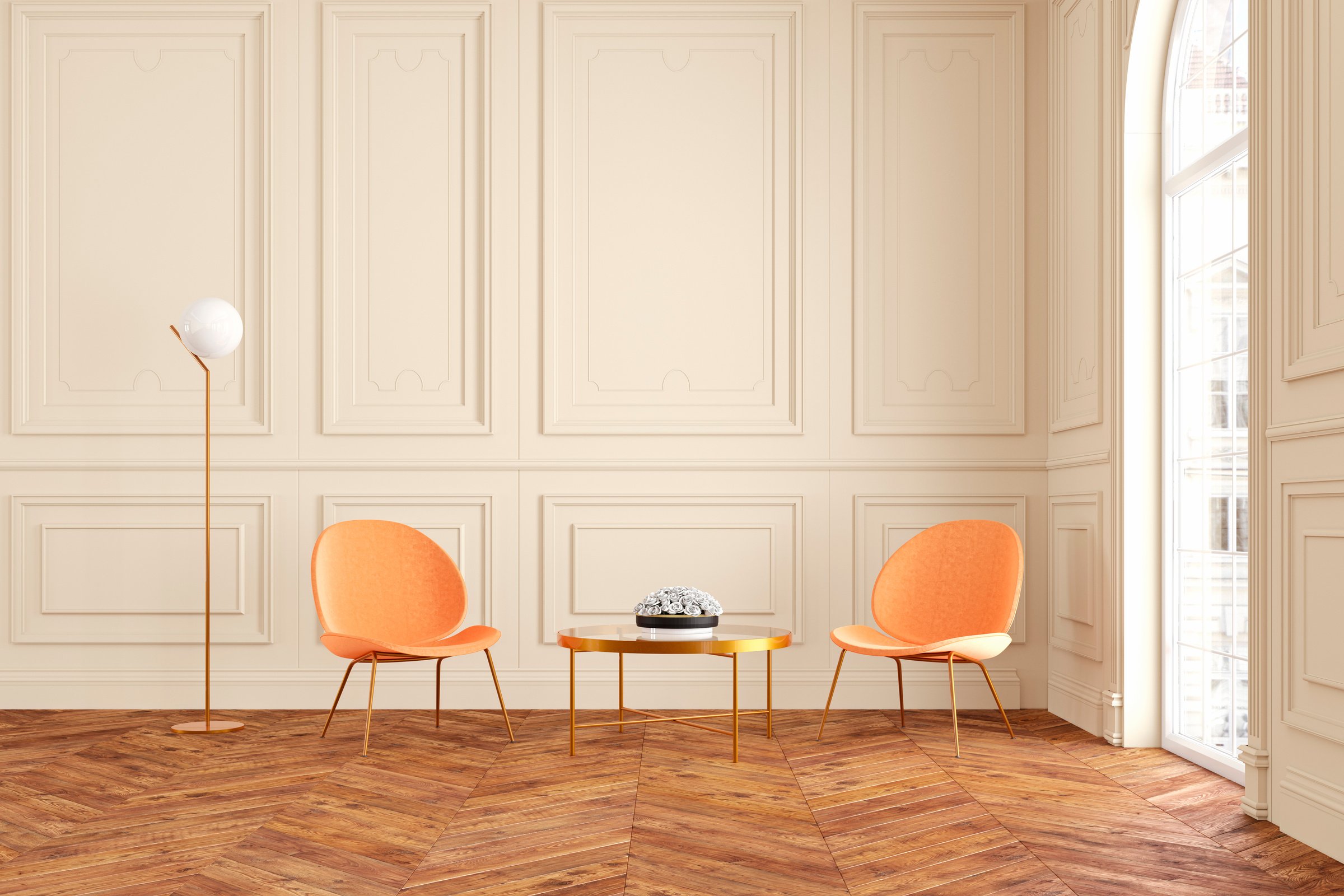 Classic Beige Interior with Orange Armchairs 3D Mockup 